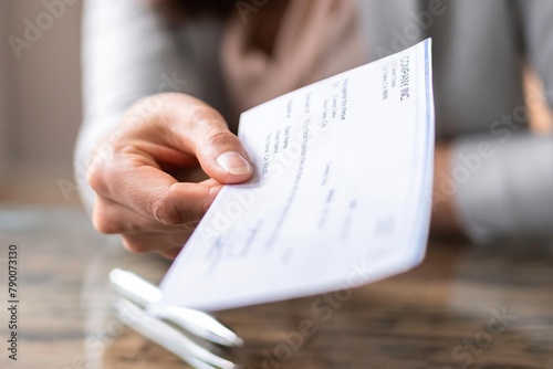 Valokuva Hand giving paycheck, check, cheque