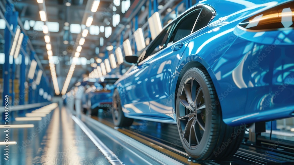 A blue car on the assembly line at a modern industrial plant. A blue car on the assembly line at a modern industrial plant.