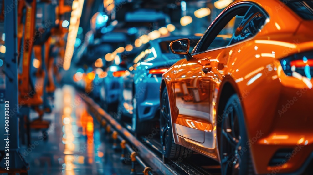 Blue cars lined up in automotive production line Blue cars lined up in automotive production line