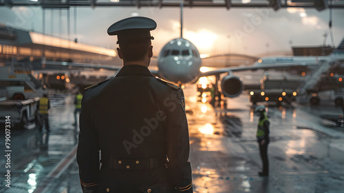 A pilot in his uniform. standing in an airport hangar with planes and ground crew busy at work. The view is from behind him as he oversees his teams work during the morning