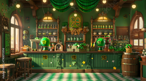 A playful St. Patricks Day-themed candy shop. decorated with shamrock decorations and green candies
