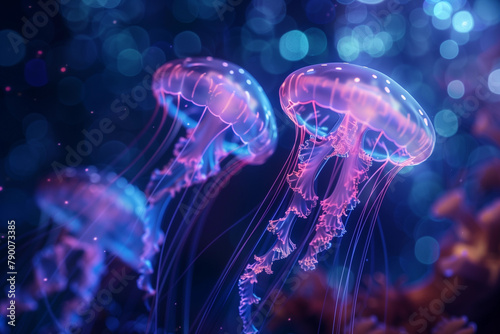 Illuminated jellyfish showcasing the enchanting mysteries of the deep sea © JamJam