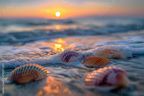 Seaside at Sunset with Waves Gently Lapping and Blurred Foreground Seashells Enhancing the Tranquility. A Serene Seascape