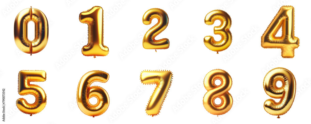 3D Render of Golden inflatable foil baloons set. Bright party decoration figures. Yellow numbers isolated on white background. 3D Render of Golden inflatable foil baloons set. Bright party decoration figures. Yellow numbers isolated on white background.