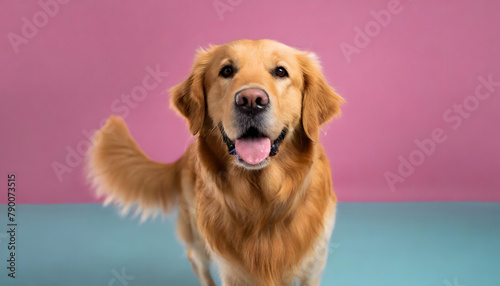 Portrait of golden retriever in front of pink background. Dog wallpaper.