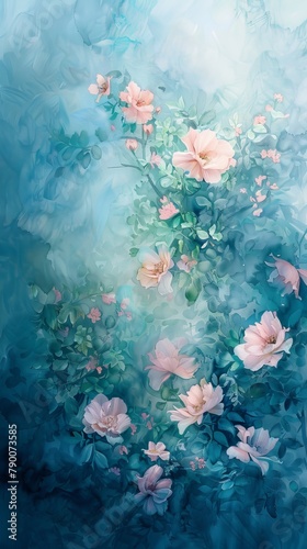 A painting featuring pink flowers against a blue background, showcasing the vibrant colors in contrast