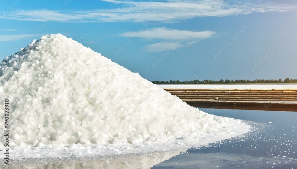 Sea salt farm. Pile of white salt. Raw material of salt industrial. Sodium Chloride mineral. Evaporation and crystallization of sea water. White salt harvesting. Agriculture industry.