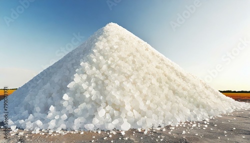 Sea salt farm. Pile of white salt. Raw material of salt industrial. Sodium Chloride mineral. Evaporation and crystallization of sea water. White salt harvesting. Agriculture industry.