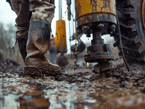 Muddy boots of a worker next to construction drilling equipment.