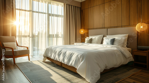 Modern style hotel room. Double bed. Comfortable, contemporary, stylish hotel room. Travel. Tourism. Vacation.