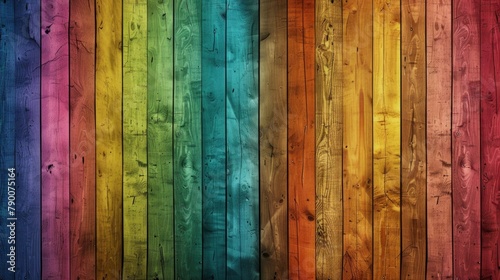 Colorful wooden background with rainbow colored wood planks. © grigoryepremyan