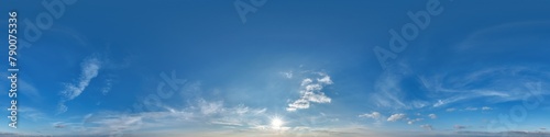 blue sky 360 hdri panorama with twilight clouds before sunset in equirectangular format with zenith for use in 3d graphics as skydome replacement or edit aerial drone panoramas