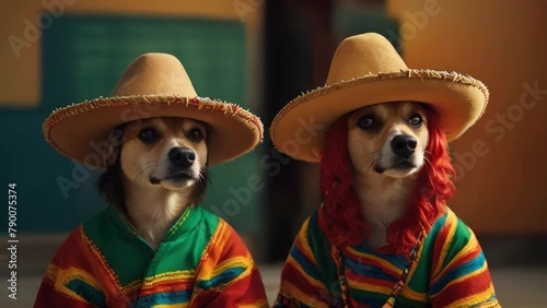 Dog in Mexican sombrero and poncho celebrates holiday Cinco de Mayo photo