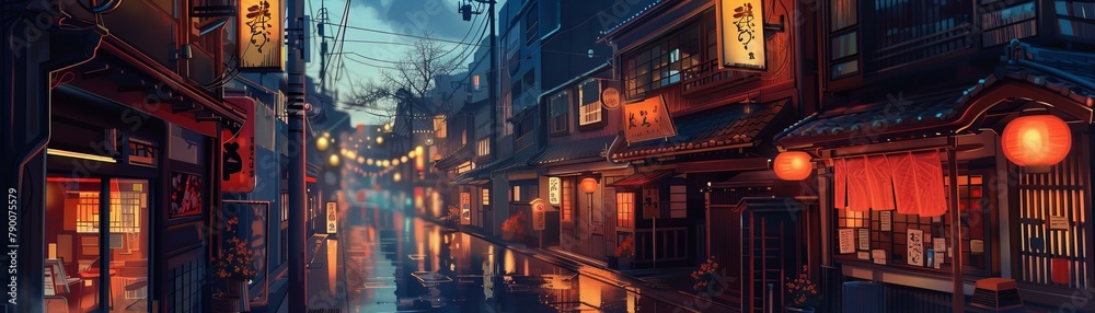 Japanese street scene at dusk illustration. Travel and culture concept design for posters,
