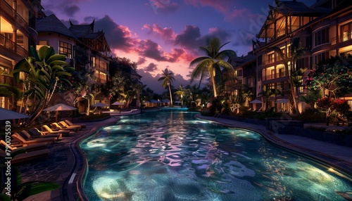 Tropical resort pool at dusk with palm trees. Relaxation and travel. Design for travel brochure