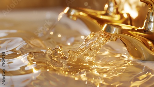 Zoomed in, whimsy ensues as Liquid rivulets cascade from a bathtub faucet, golden color, crafting higher fashion effortlessly. photo