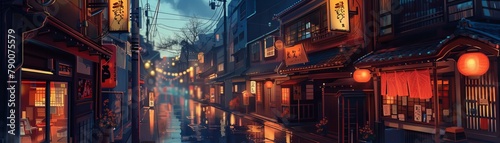 Japanese street scene at dusk illustration. Travel and culture concept design for posters,