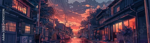 Japanese street scene at dusk illustration. Travel and culture concept design for posters, photo