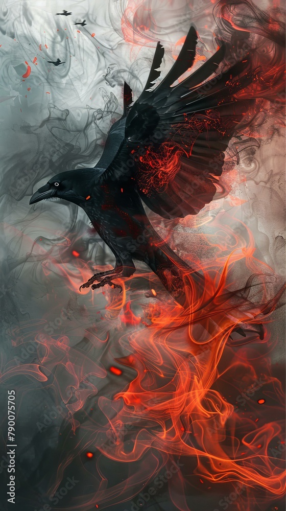Obraz premium Artistic representation of a raven in fiery and smoky environment. Dark fantasy and mystery concept