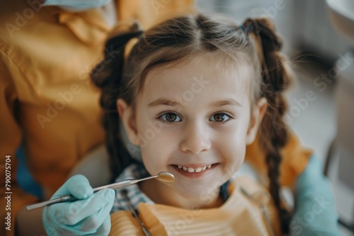 Happy little girl sitting in the dental chair.