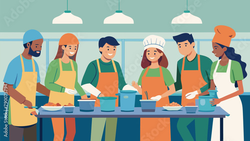 While wearing aprons and hairnets volunteers helped prepare and serve meals at a soup kitchen. They worked tirelessly to ensure that everyone