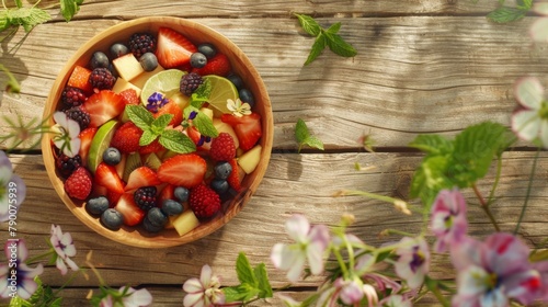 Joyful Summer Picnic wooden table with Fresh Fruit Salad top view