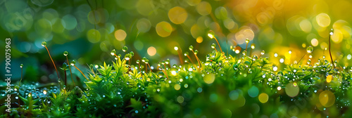 moss and grass macro photography with dew drops photorealistic