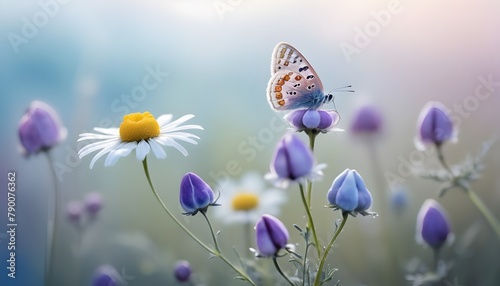 Beautiful-wild-flowers-chamomile--purple-wild-peas--butterfly-in-morning-haze-in-nature-close-up-macro--Landscape-wide-format--copy-space--cool-blue-tones--Delightful-pastoral-airy-artistic-image photo