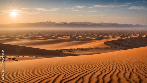 Sahara-desert-at-sunrise--mountain-landscape-with-dust-on-skyline--hills-and-traces-of-the-off-road-car