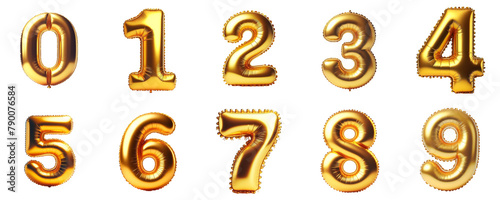 3D Render of Golden inflatable foil baloons set. Bright party decoration figures. Yellow numbers isolated on white background.