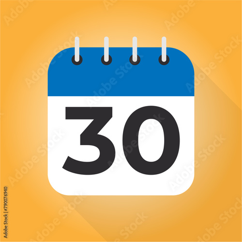 Calendar day 30. Number 30 on a white paper with blue border on orange background vector. 30th Day.