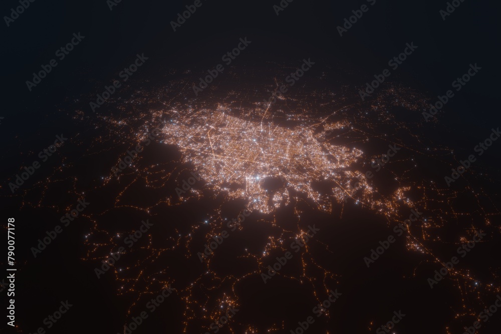 Aerial view on Leon (Mexico) from north. Satellite view on modern city at night