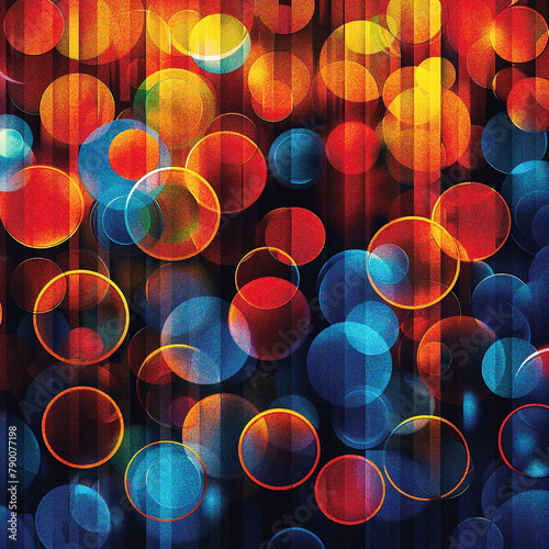 abstract background with circles in red, orange, blue and black colors with a grain effect applied, generative AI