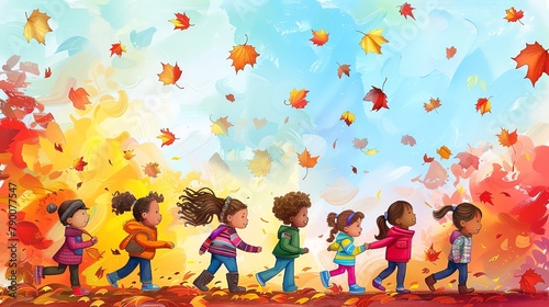 children joyfully walking to school, with a colorful background of falling autumn leaves