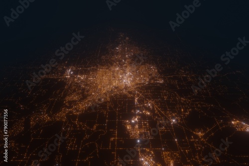 Aerial view on Spokane (USA) from west. Top view on modern city at night from satellite