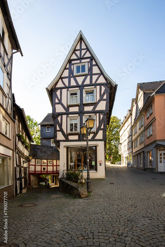 Old half-timbered houses in a city. Streets and buildings in the morning in Wetzlar, Hesse Germany