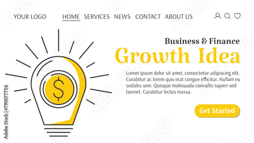 Light bulb with dollar sign. Insightful growth idea, money thinking creative concept. Business and finance template for website. For banner, landing page. Vector illustration, flat style