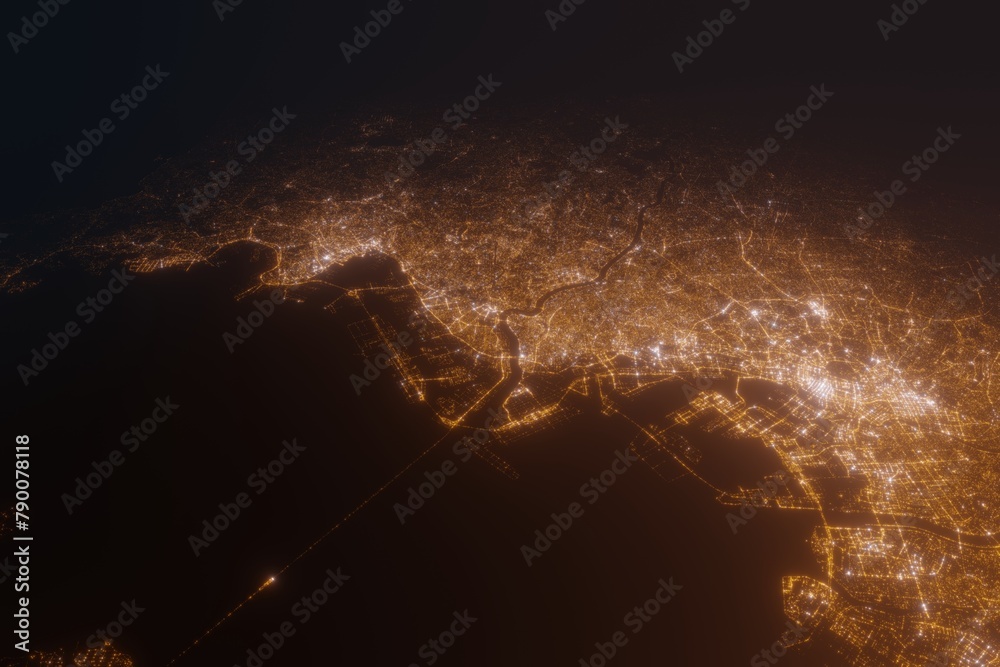 Aerial view on Kawasaki (Japan) from east. Satellite view on modern city at night Aerial view on Kawasaki (Japan) from east. Satellite view on modern city at night