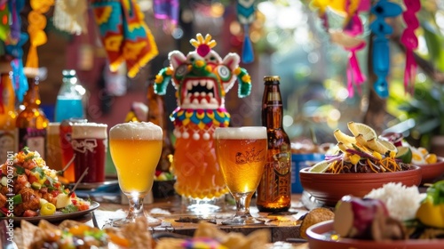Festive Cinco de Mayo Table Spread with Beer and Mexican Food