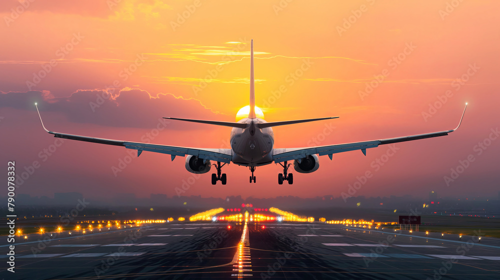Flight landing on the runway, beautiful sunset in background.