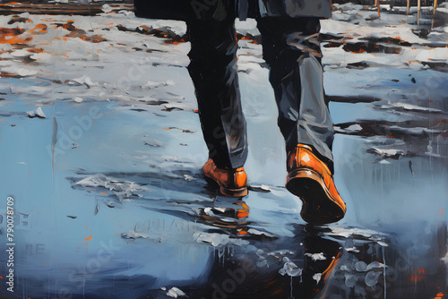 Winter walks in boots. Step by step to the dream. 