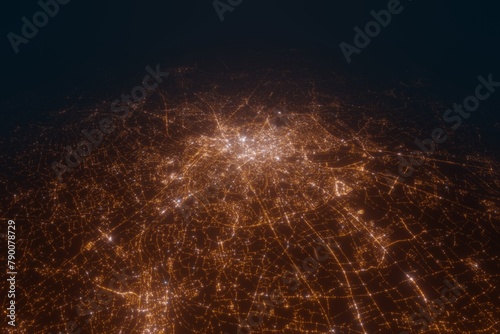 Aerial view on Gent (Belgium) from east. Top view on modern city at night from satellite