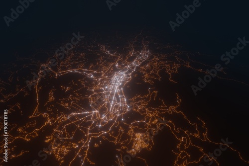 Aerial view on Quito (Ecuador) from north. Satellite view on modern city at night