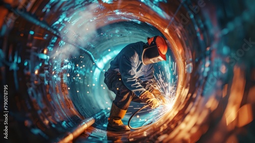 Heavy industrial welders perform welding operations inside pipes. Construction of natural gas pipelines and NLG fuel pipelines
