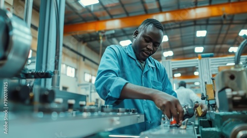 Male factory worker wearing safety suit Use a digital tablet Inspect the quality sheet metal rolls in the factory during the production process.