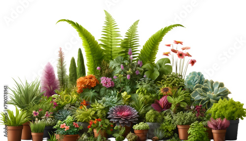 Diverse Potted Plants Collection on Transparent Background, An array of potted plants featuring a variety of textures, colors, and species, meticulously arranged. © Kuroneko Mac