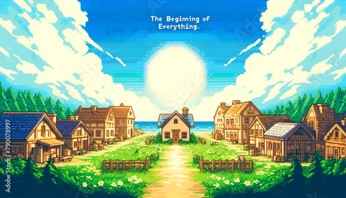 Rustic Pixel Art Village - The Birthplace of Heroes, A quaint pixel art village representing 'The Beginning of Everything,' typically a starting point for heroes in RPG games.