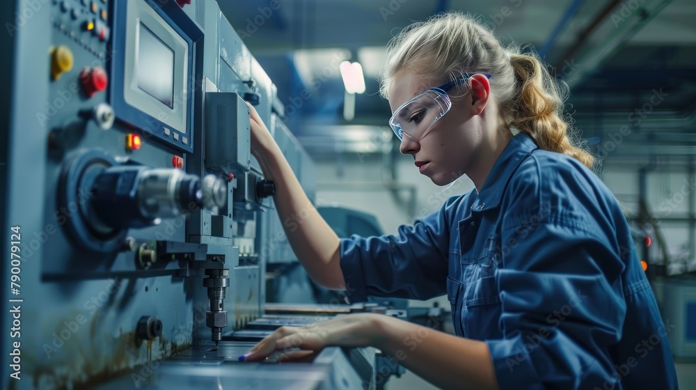 Programming a CNC machine by a female engineer in a factory Programming a CNC machine by a female engineer in a factory