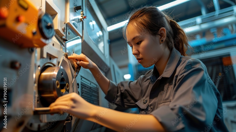 Female engineer programming CNC machine in factory Female engineer programming CNC machine in factory