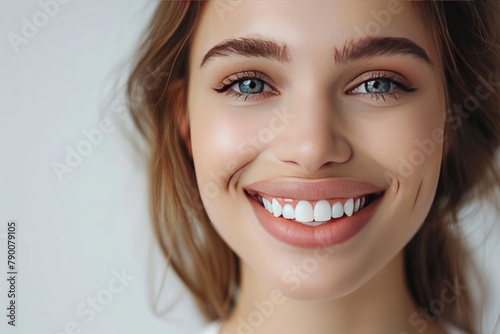 Beautiful smile of young woman with healthy white teeth on white background, Dental care. Dentistry concept - generative ai